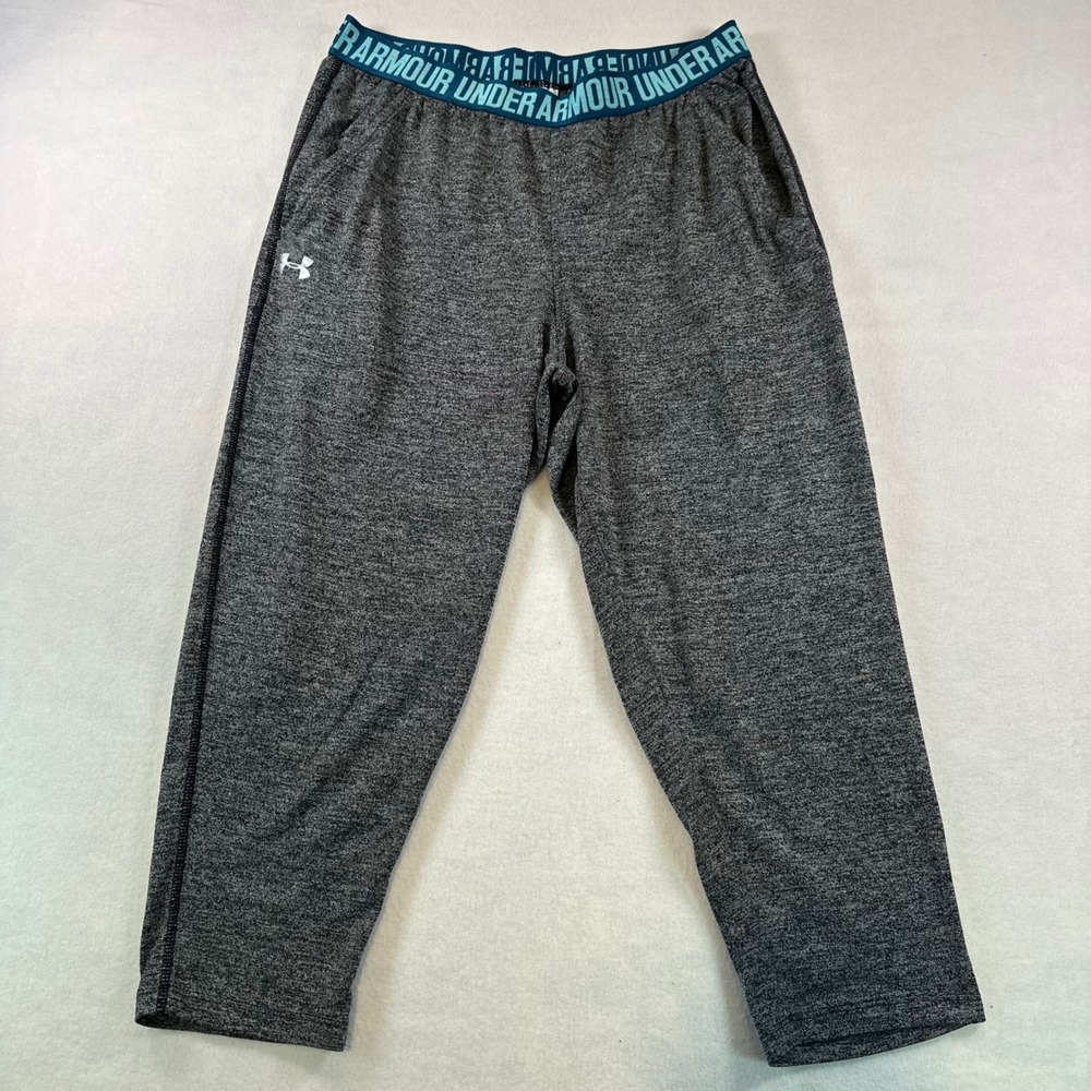 Under Armour HeatGear Gray Heather Cropped Athletic Pants Teal Waistband Mens MD